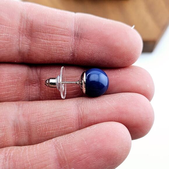Navy Blue Round Stud Post Earrings Silver Tone Back Minimalist Classic Nautical - Picture 4 of 5